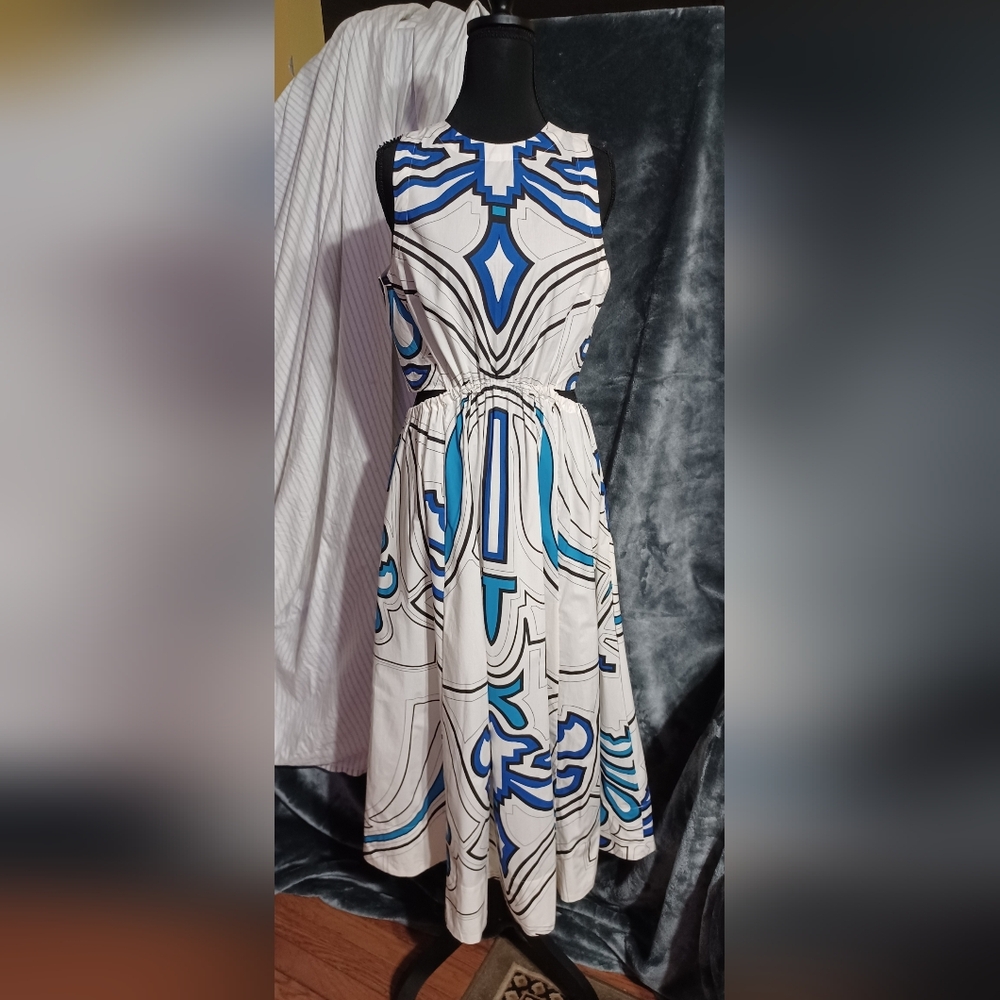 Cotton Poplin Cut-Out Midi Dress Size Small In Blue & White Tile Print By BR